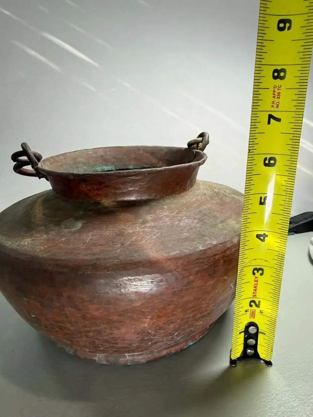 Antique Hand Hammered Copper Pot Cauldron Bail Handle Verdigris Patina Primitive